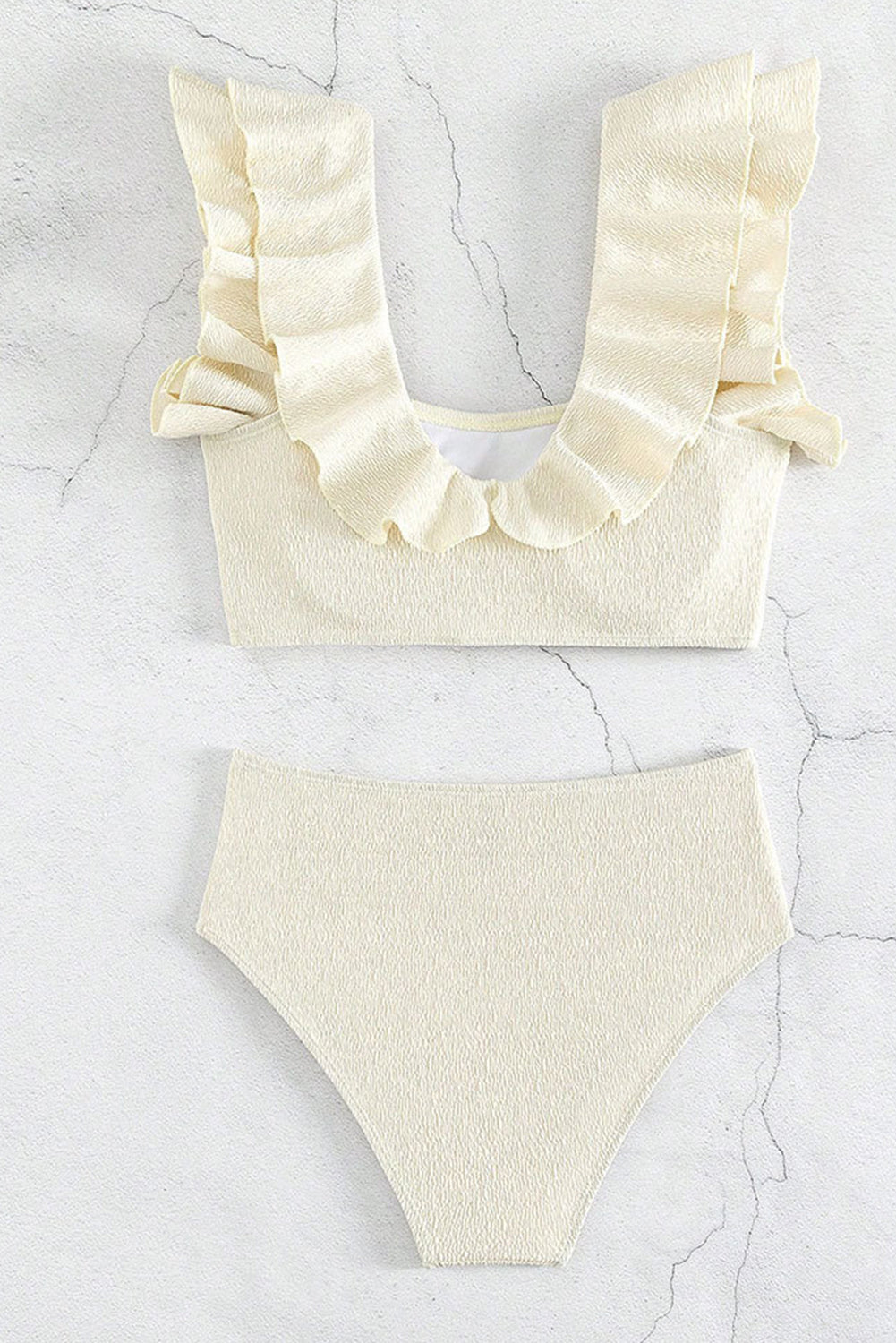 Textured Ruffled Square Neck High Waist Swimsuit | Beige