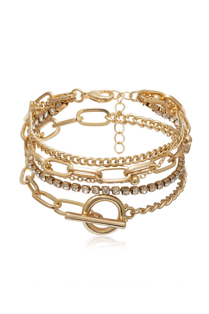 Multi Layered Rhinestone Plated Chain Bracelet Set | Gold