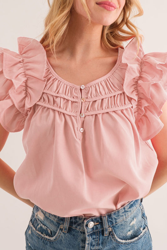 Peach Blossom Shirring Buttoned Neck Ruffle Sleeve Blouse