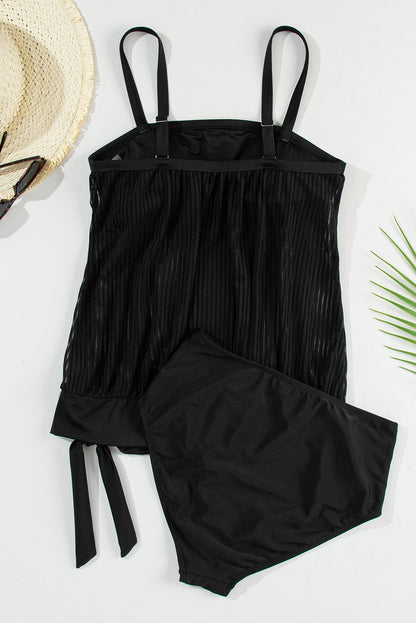 Striped Mesh Knotted Hem Tankini Swimsuit | Black