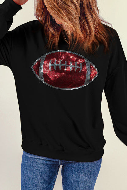 Rhinestone Rugby Football Pattern Crew Neck Pullover Sweatshirt | Black