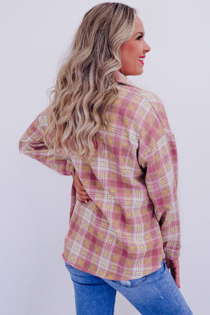 Plaid Print Chest Pocket Long Sleeve Shacket | Pink