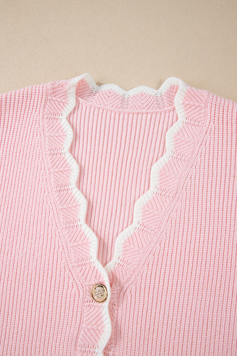 Ribbed Knit Scalloped Edge Side Pockets Buttoned Cardigan | Pink