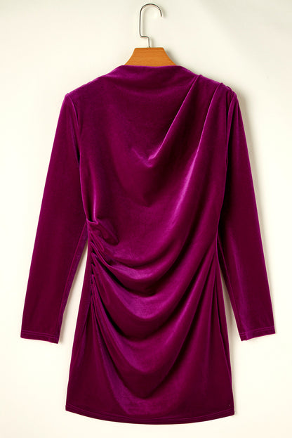 Velvet Mock Neck Ruched Long Sleeve Bodycon Dress | Pitaya Pink