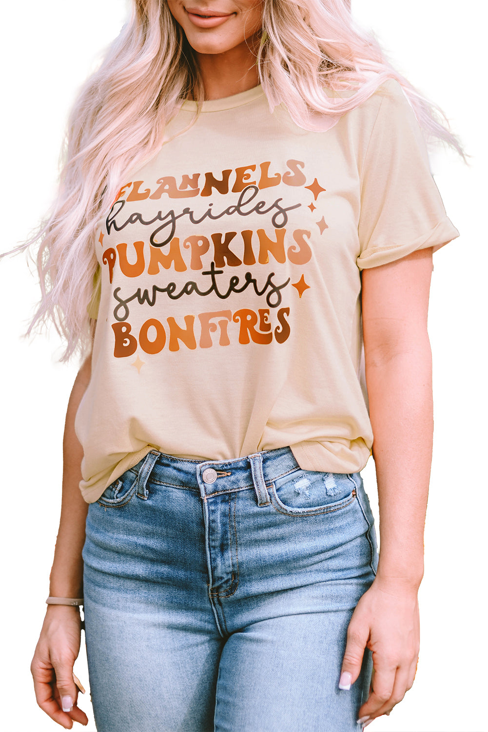 Flannels Hayrides Pumpkins Sweaters Bonfires Tee | Khaki