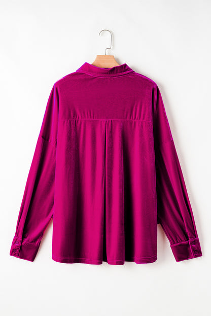 Plus Size Velvet Chest Pocket Drop Shoulder Shirt | Bright Pink