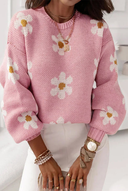 Floral Pattern Drop Shoulder Sweater | Pink