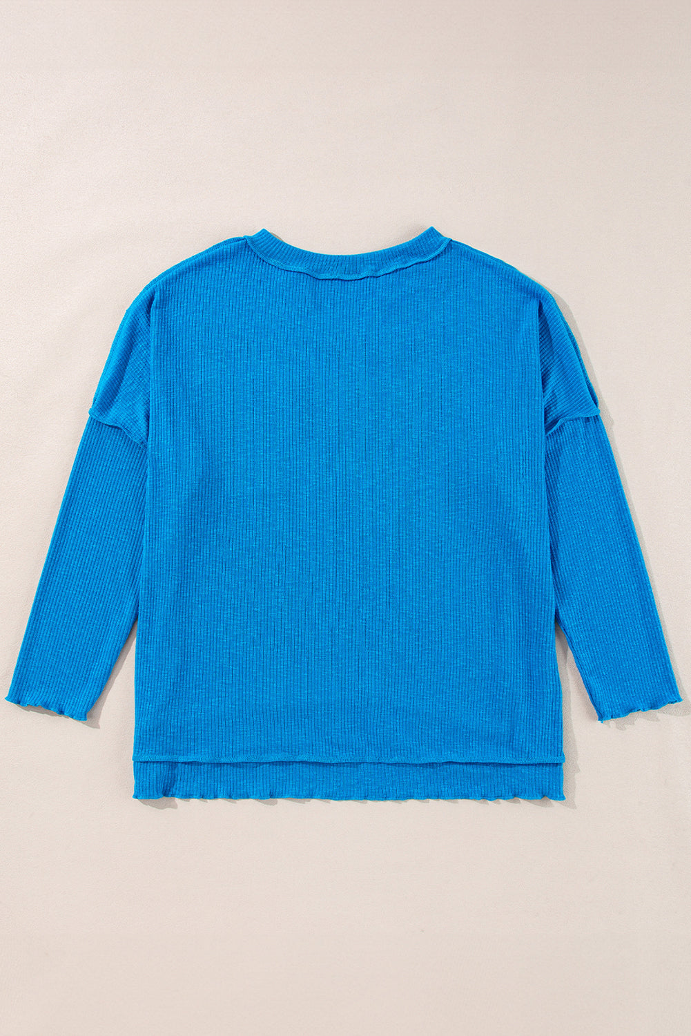 Ribbed Exposed Seam Knit V Neck Long Sleeve Top | Blue