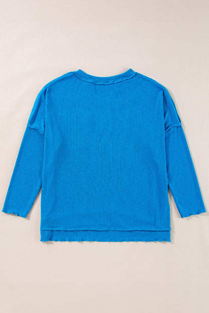 Ribbed Exposed Seam Knit V Neck Long Sleeve Top | Blue