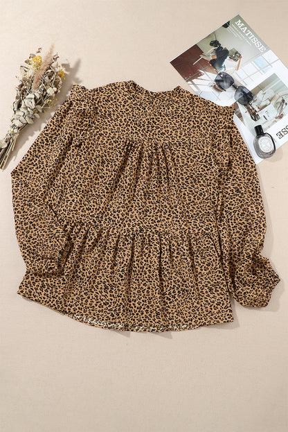 Frilled Shoulder Decor Plus Size Babydoll Top | Leopard