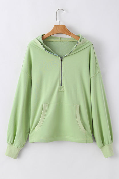 Solid Kangaroo Pocket Half Zipper Oversized Hoodie | Smoke Green