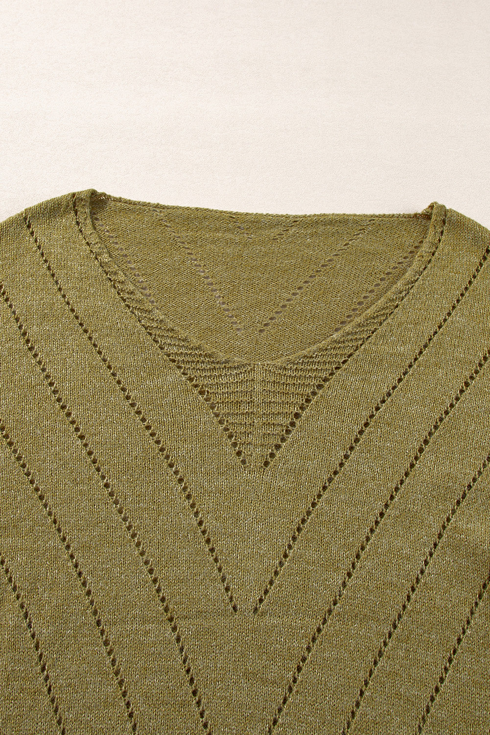 Solid Eyelet Drop Shoulder V Neck Sweater | Sage Green