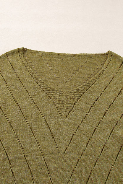 Solid Eyelet Drop Shoulder V Neck Sweater | Sage Green