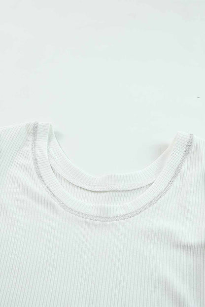 Round Neck Half Sleeve Ribbed Knit Top | White