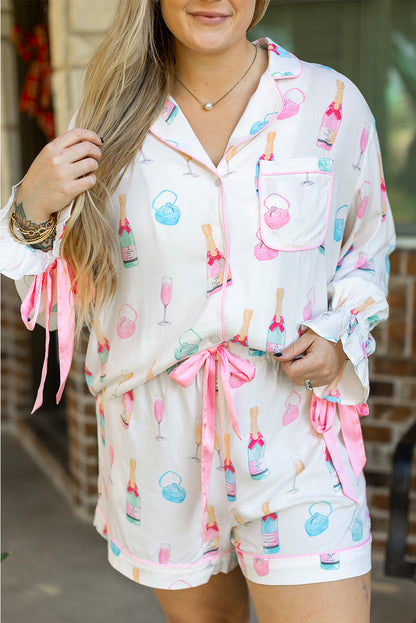 Plus Size Wine Glass Print Bow Knot Pajama Set | White