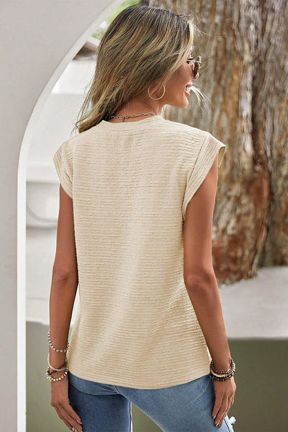 Solid Textured Batwing Sleeve Crew Neck T Shirt | Beige