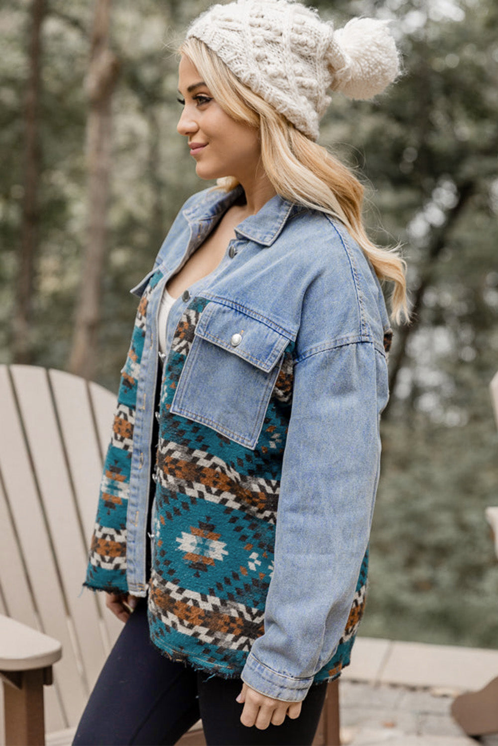 Aztec Printed Denim Jacket | Blue