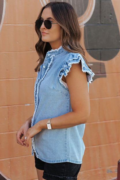 Button Front Ruffled Flutter Frayed Denim Top | Beau Blue