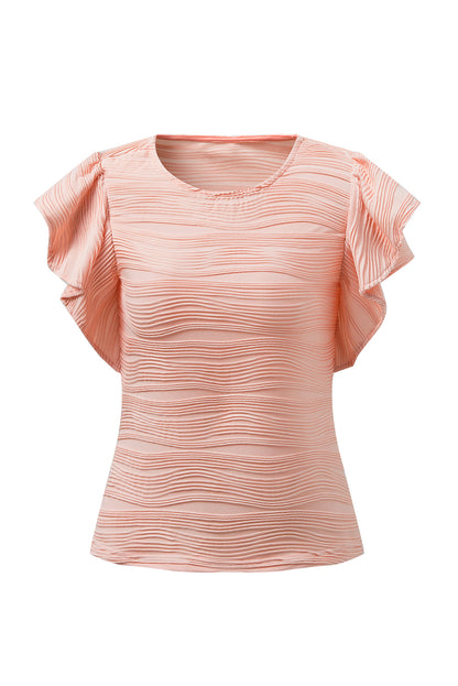 Wavy Textured Ruffle Sleeve Top | Apricot Pink