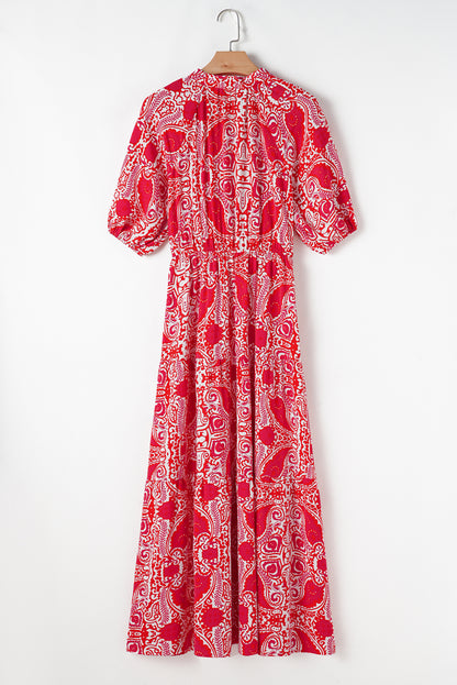 Paisley Print Side Slit Puff Sleeve High Waist Maxi Dress | Red