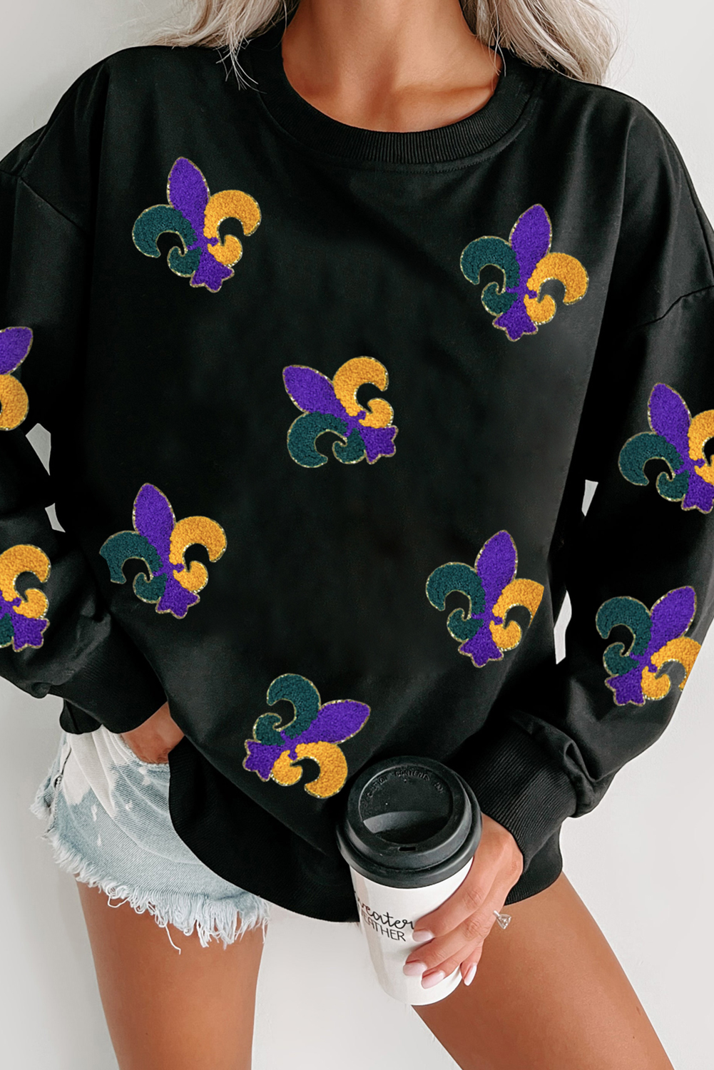 Black Mardi Gras Pattern Crew Neck Pullover Sweatshirt