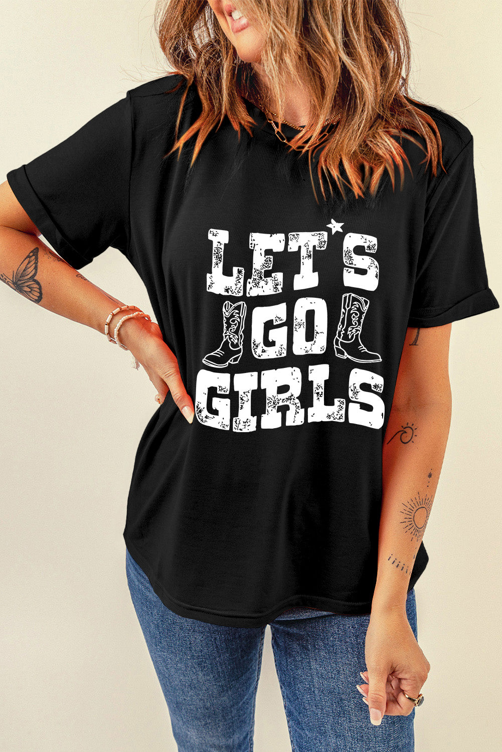 Lets Go Girls Boots Print Crew Neck T Shirt | Black