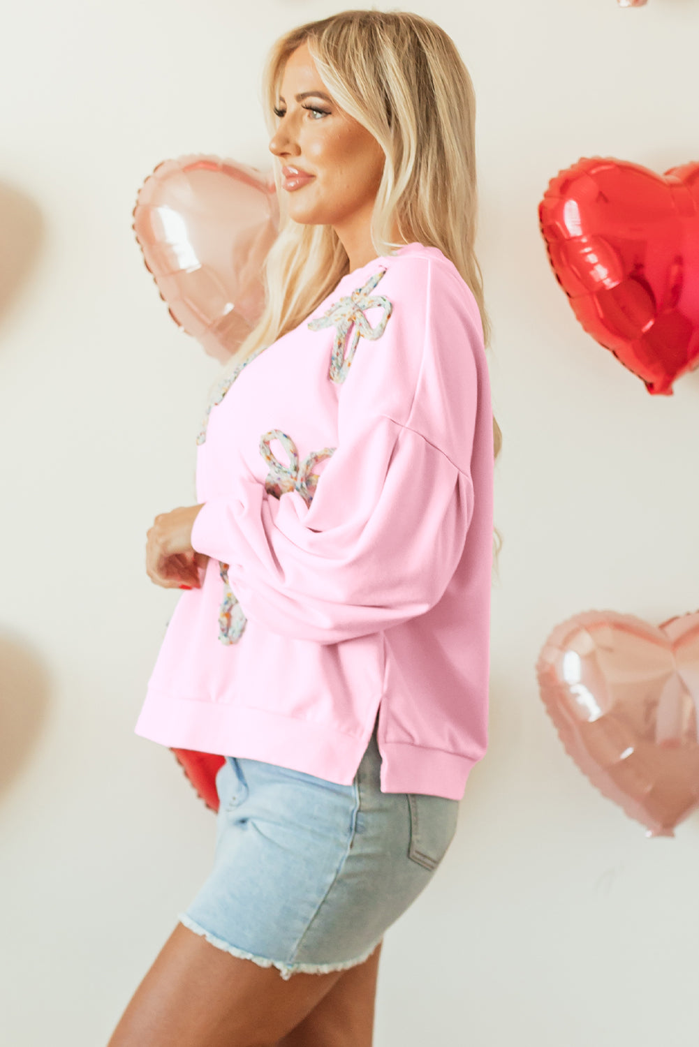 Embroidered Bow Lantern Sleeve Oversized Pullover Sweatshirt | Light Pink