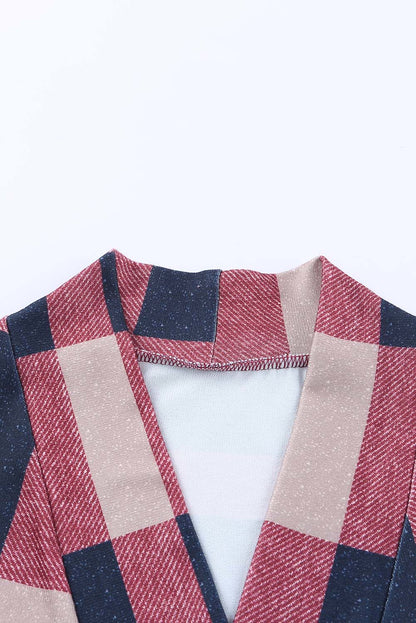 Draped Open Front Plaid Cardigan | Red