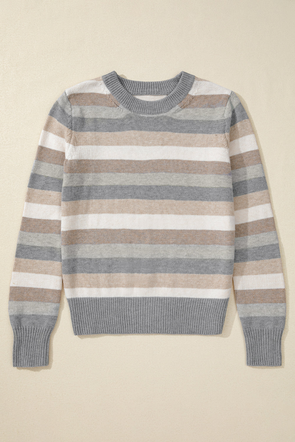 Colour Block Ribbed Edge Round Neck Sweater | Gray Stripe