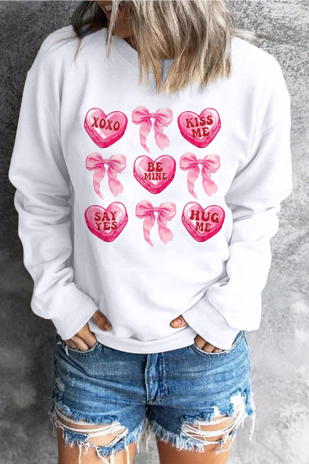 Valentine Candy Heart & Bow Graphic Sweatshirt | White