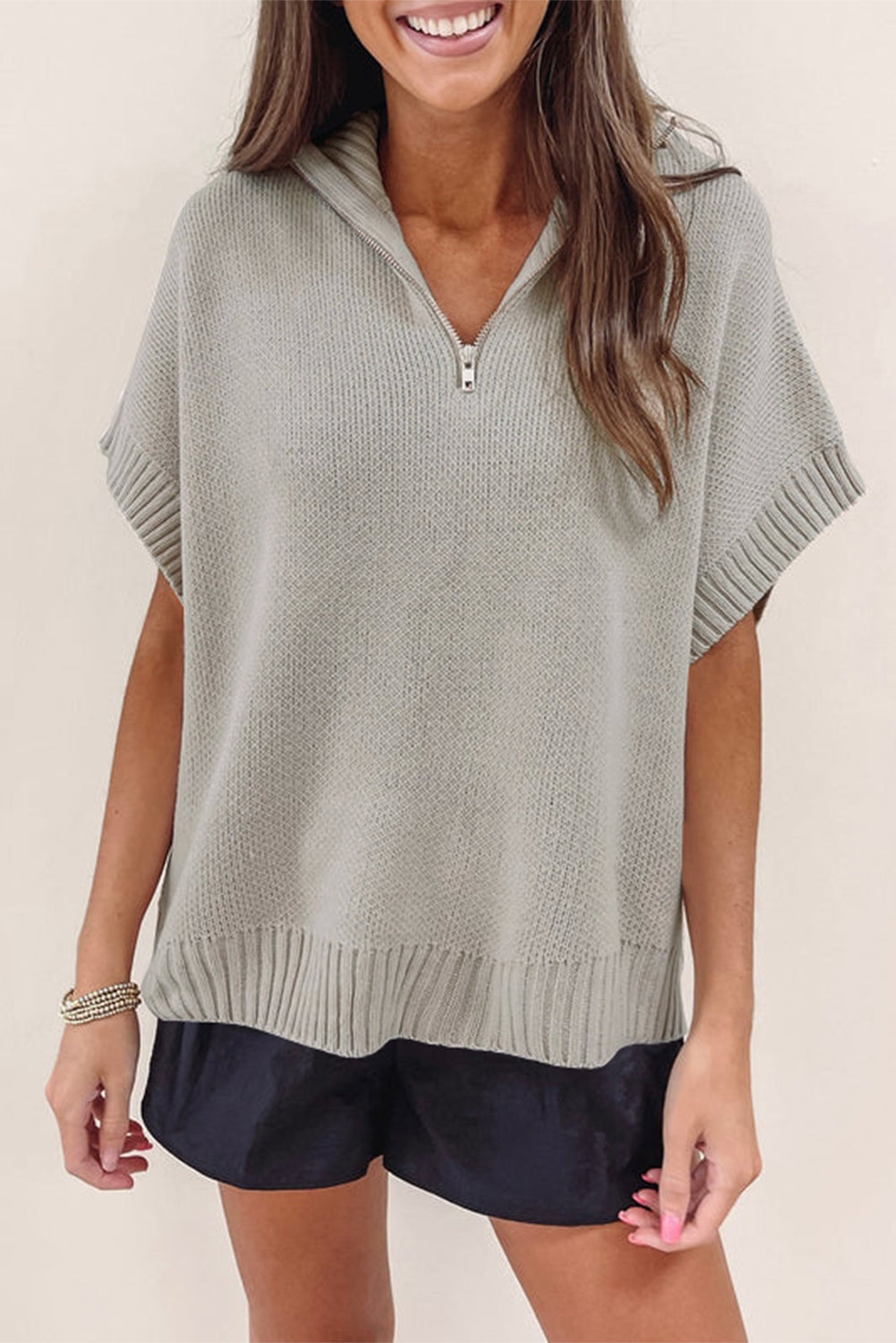 Quarter Zip Short Batwing Sleeve Sweater | Light Grey