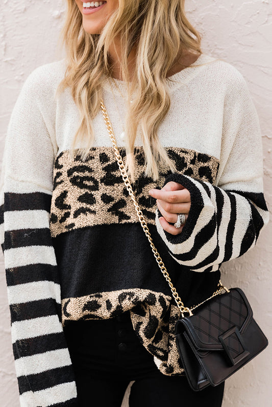 Slouchy Drop-shoulder Leopard Striped Colorblock Sweater