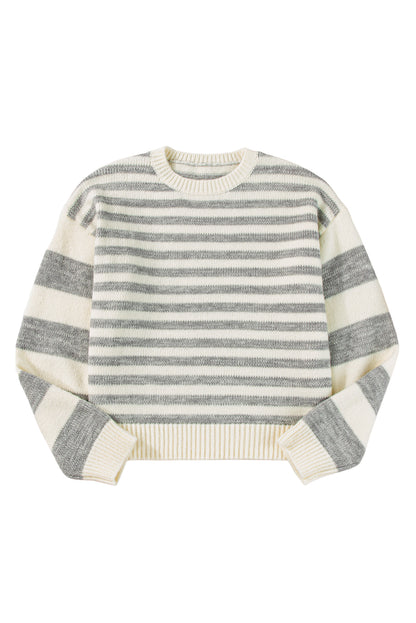 Drop Shoulder Crew Neck Sweater | Gray Stripe