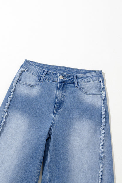 Vintage Stitching Raw Hem Flared Jeans | Beau Blue