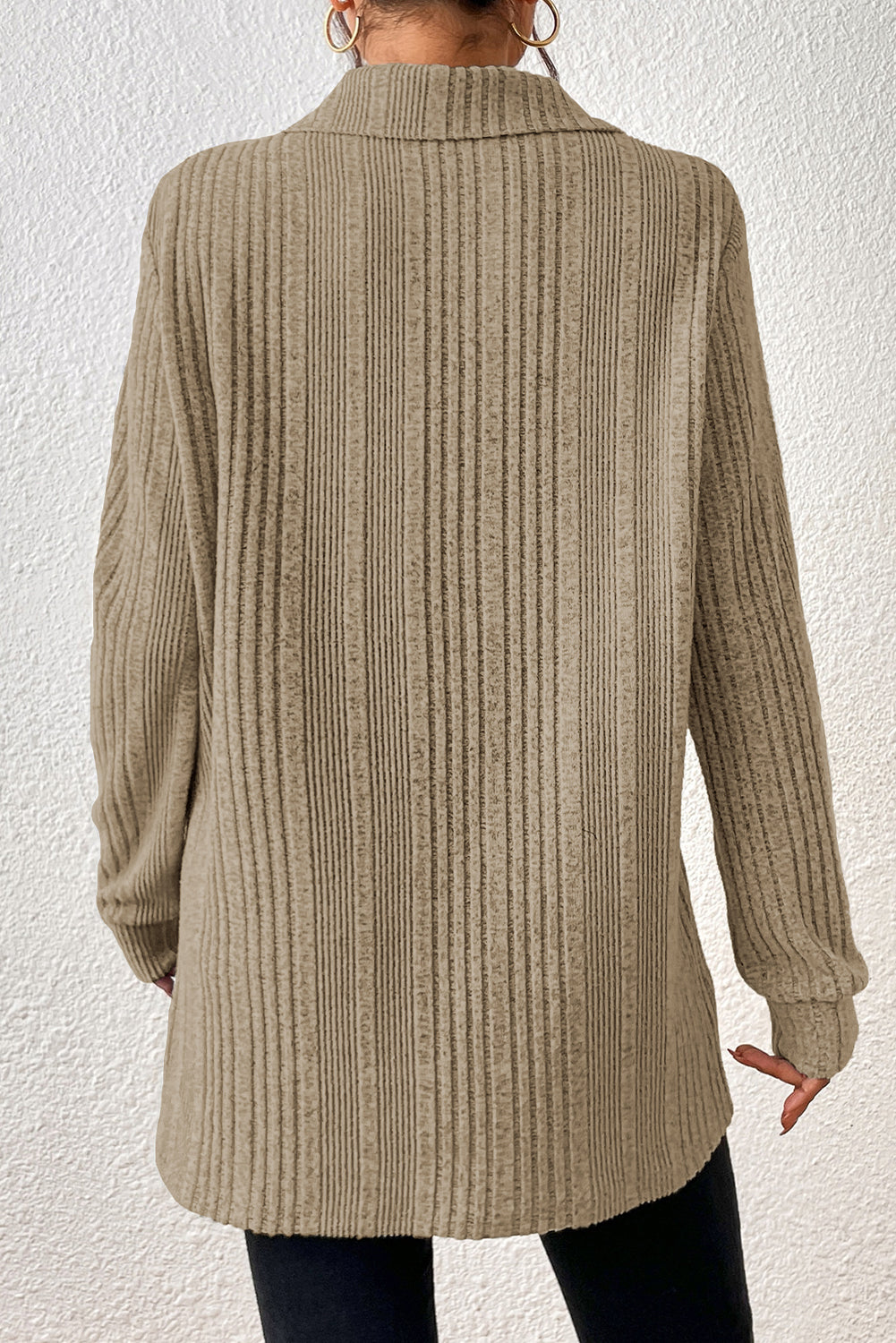 Ribbed Knit V Neck Collared Split Hem Tunic | Apricot