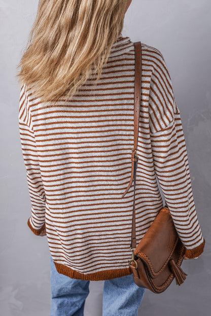 Striped Turtleneck Loose Sweater | Brown