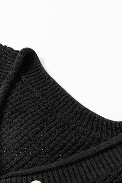 Pointelle Knit Button V Neck Drop Shoulder Sweater | Black