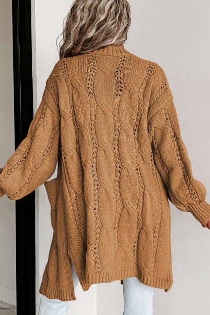 Ribbed Trim Eyelet Cable Knit Cardigan | Khaki