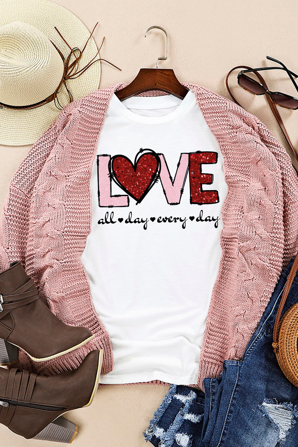 Valentine Love Heart Shape Crew Neck Graphic Tee | White