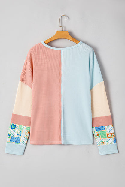 Floral Patchwork Waffle Colour Block Pullover Top | Rose Pink