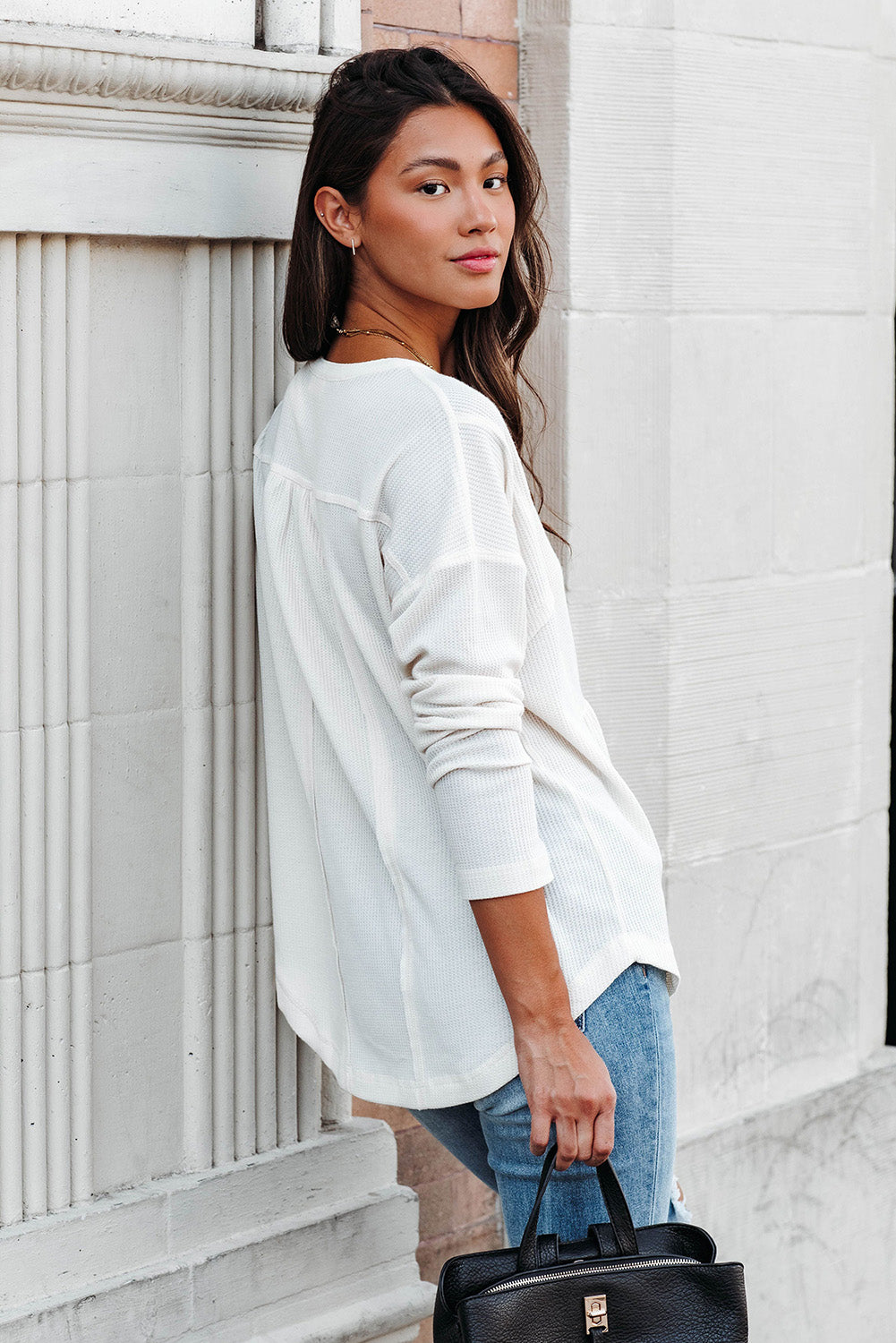 Waffle Knit Half Button Henley Top | White