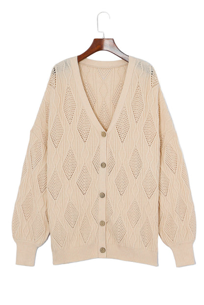 Plus Size Knitted Hollow Out Button Up Cardigan | Apricot