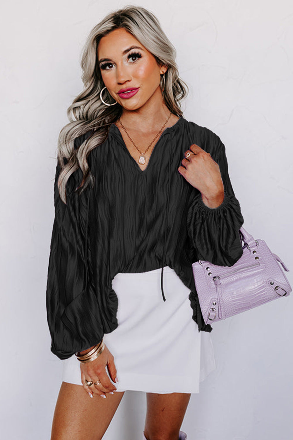 Textured Bubble Sleeve V Neck Loose Blouse | Black