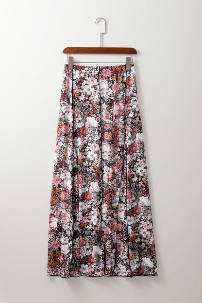 Floral Print High Waist Maxi Skirt | Brown