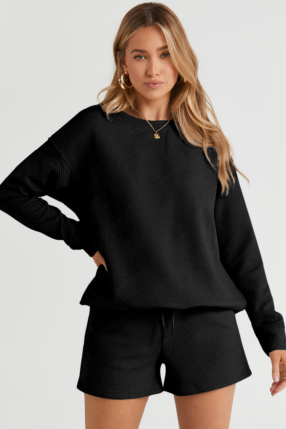 Textured Long Sleeve Top And Drawstring Shorts Set | Black