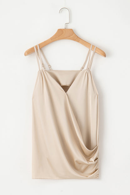 Wrap V Neck Ruched Satin Cami Top | Apricot