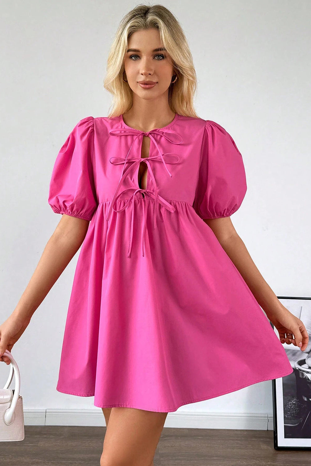 Solid Colour Puff Sleeve Tie Front High Waist Mini Dress | Bright Pink