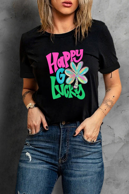 Happy Go Lucky Clover Print Crew Neck T Shirt | Black