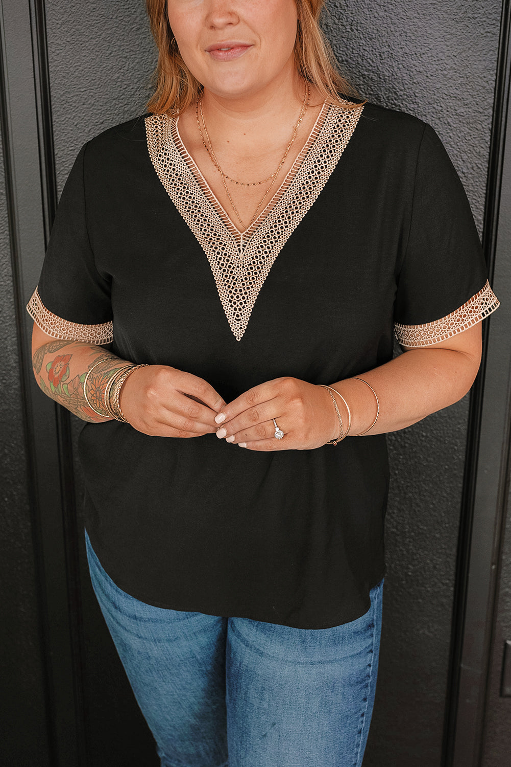 Lace Trim Short Sleeve V Neck Plus Size Top | Black