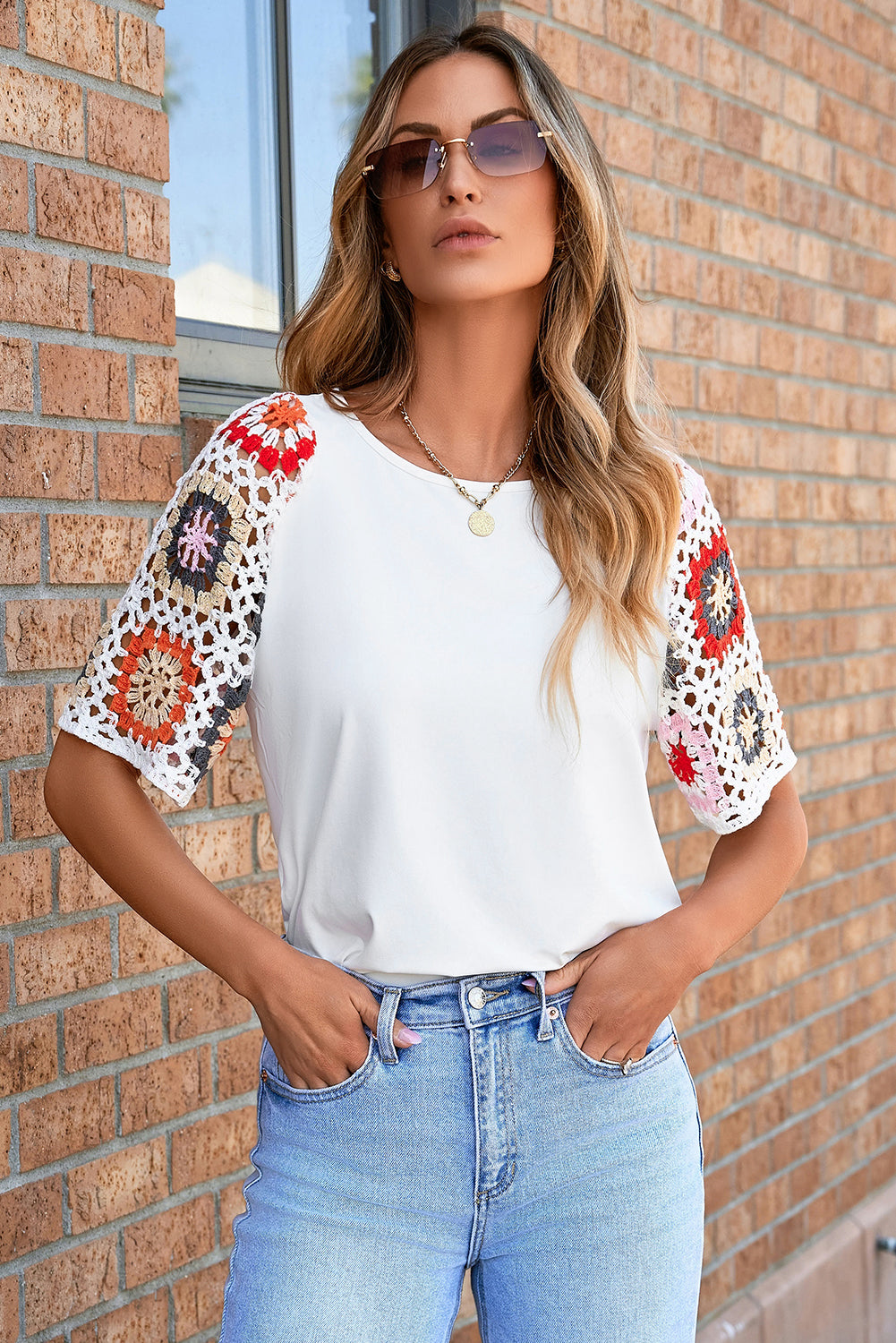 Floral Crochet Short Sleeve Top | White